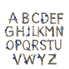 Naklejka premium hyperrealistic alphabet of peeling white birch branches decorated with sapphire glass and silver ornaments on a high-key transparent studio background, concept of sophisticated winter elegance