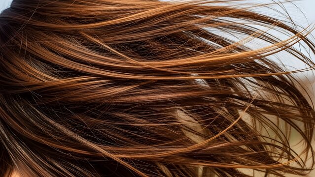 Close-up of Long Wavy Brown Hair Blowing in the Wind, Showing Texture and Movement