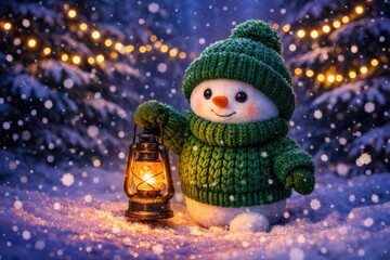 Snowman with a lantern in a snowy forest at night lamp