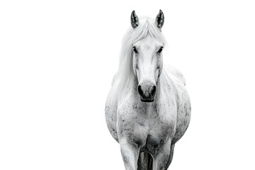 Fototapeta premium White horse animal mammal equine isolated front view standing white coat mane portrait domestic nature outdoors beauty power strength wild freedom hoof stallion pony grazing farm countryside