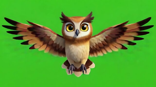 Animated Brown Owl Flying Against Green Background Cartoon Style 3 D Rendering
