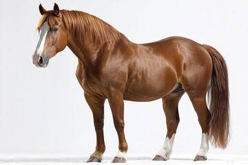 Obraz premium Chestnut horse standing in profile with muscular build and white markings on face and legs, showing strength and elegance against white background