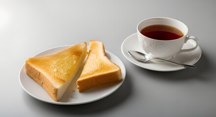 Slices of toasted bread with butter and cup of tea on table  