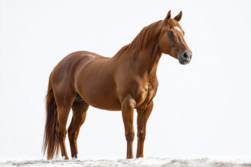 Obraz premium Chestnut horse standing with muscular build and shiny coat on white background, showing strength and elegance in calm pose