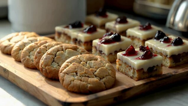 4K cinematic footage showcasing beautiful display of freshly baked cookies sweet treats on bakery counter highlighting texture color visual appeal culinary lifestyle stock 