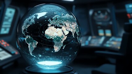 Holographic earth globe floats inside futuristic command center spaceship cockpit representing global data control and monitoring high-tech digital management technology security concept - Powered by Adobe