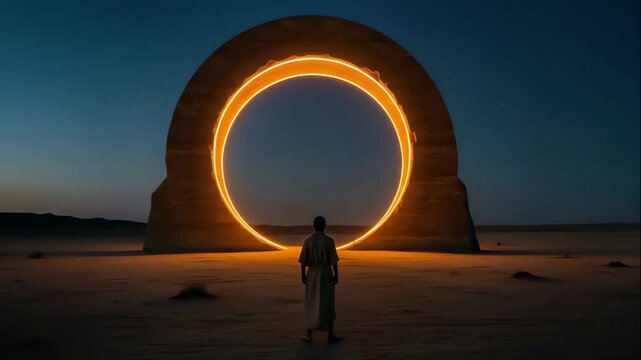 Lone silhouette stands before giant glowing orange portal in dark desert landscape symbolizing time travel and discovery of new dimensions mystic concept sci-fi future adventure and fantasy