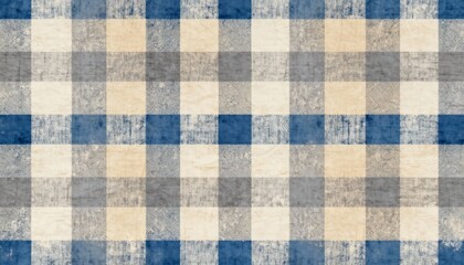 A seamless textile background featuring a classic checkered pattern in a harmonious combination of blue, beige, and gray, set in a symmetrical grid of squares, creating a neat and cozy rhythm.