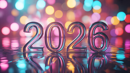 Shiny metallic 3d numbers forming the year 2026 with colorful bokeh background