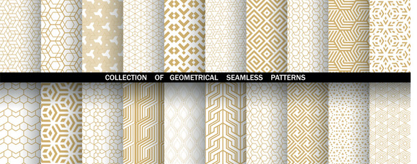Geometric set of seamless golden and white patterns. Simple vector graphics