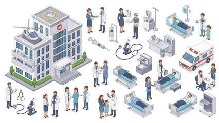 Obraz premium Isometric Hospital Scene with Medical Staff and Equipment.