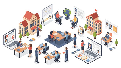 Isometric Illustration of Online Education and Traditional Schooling.