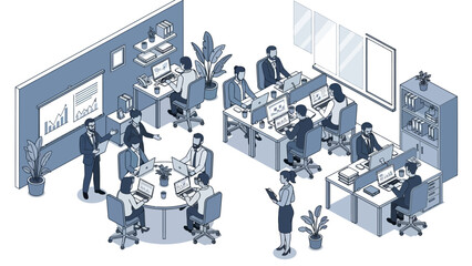 Obraz premium Isometric Office Space with Employees and Meeting Areas.