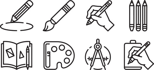 Fototapeta premium Collection of eight minimalist outline art and design tools and actions drawing painting