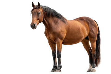 Fototapeta premium Brown horse standing with black mane and tail isolated on transparency background, showing muscular body and calm expression in natural light