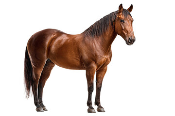 Fototapeta premium Powerful brown horse standing still with full body visible isolated on transparency background showing shiny coat and muscular build