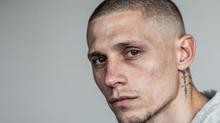 Obraz premium Young man with a shaved head and neck tattoo looking seriously at the camera, his intense gaze and subtle facial marks portraying authenticity and raw human emotion