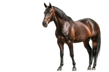 Fototapeta premium Brown horse standing with shiny coat and strong legs, showing calm and majestic expression with long black mane and tail