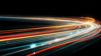 Dynamic light trails forming a curving path, visualizing high speed data flow and information transfer across global networks, symbolizing digital communication and technological innovation