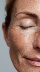 Obraz premium Close up on a woman's face, her eyes closed, showing natural skin texture, freckles, and aging wrinkles around the eye, embracing the beauty of time on her complexion