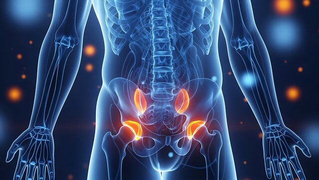 Detailed anatomical illustration of the human pelvis and kidney locations