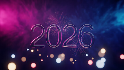 3d rendering of the year 2026 with neon lights and bokeh effects