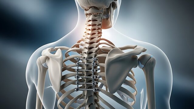 An anatomical illustration of the human spine with surgical hardware implants