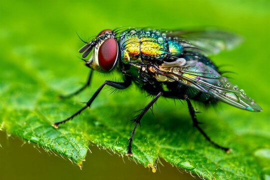 Detailed close-up macro photography of a metallic green fly perched on a vibrant green leaf with dew drops - Powered by Adobe