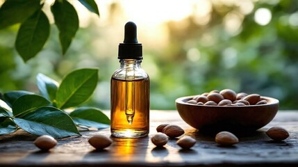 Glass dropper bottle with natural extract or essence like nut oil 