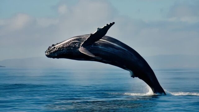 Incredible slow-motion footage of a humpback whale breaching and leaping from the ocean waves, powerfully exploding water in a spectacular display of nature.