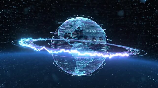 Digital globe rotating loop representing technology and connection.