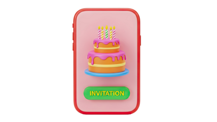 3D Birthday invitation on mobile phone with cake and candles on transparent background
