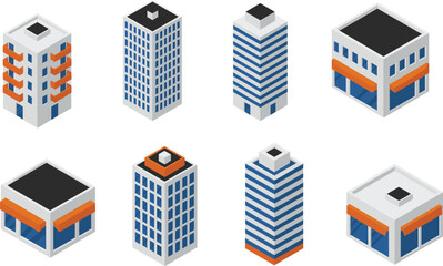 Isometric city building set with modern skyscrapers, apartment blocks, retail shops, urban architecture icons, and 3D office exterior design elements. © Shafiqul