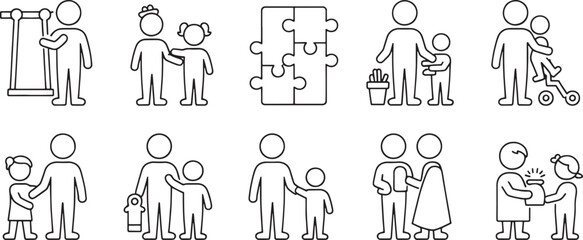 Fototapeta premium Collection of nine outline style vector icons depicting people and objects family