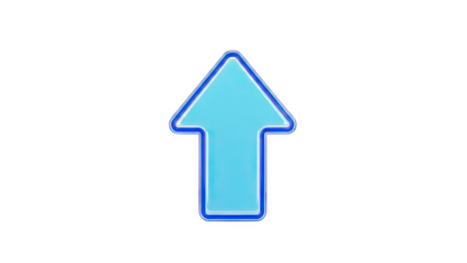 3D Blue arrow pointing up with reflective border on transparent background