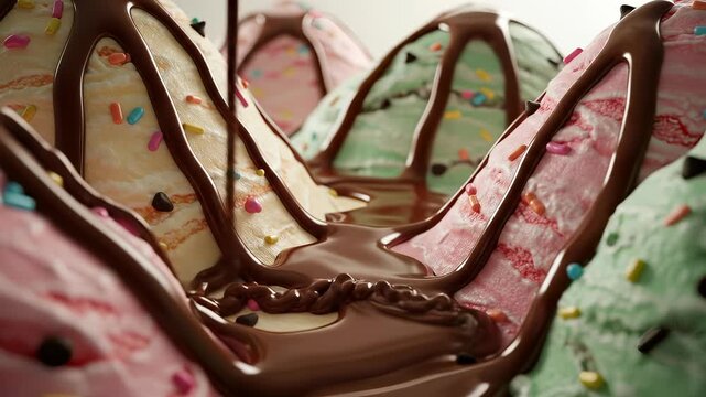 Decadent Ice Cream Cones Drizzled with Rich Chocolate Syrup, Delicious Dessert Treats