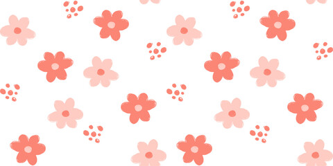 Pink daisy flower seamless pattern with coral dots on white
