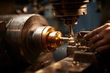 Hand operating lathe machining brass with sparks flying