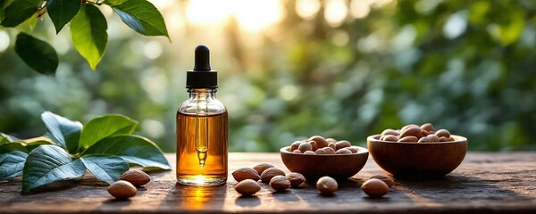 Glass dropper bottle with natural extract or essence like nut oil 