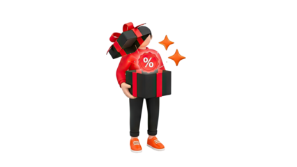 3D character with open gift box and percentage symbol on transparent background