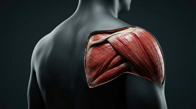 Detailed anatomical illustration of human shoulder muscles, showing the complex musculature from a posterior view on a dark background.
