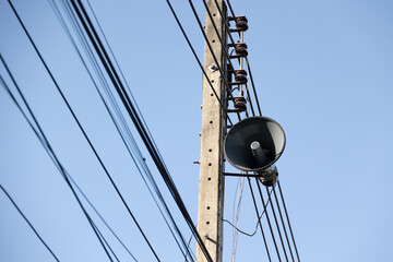 Public address megaphone, Community announce speaker at high electricity pole, village voice by line