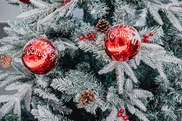 Elegant Christmas Tree, Christmas gift decoration white snow for background postcard.