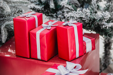 Elegant Christmas Tree, Christmas gift decoration white snow for background postcard.