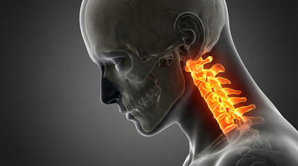 Detailed 3D anatomical illustration of a human head and neck, highlighting the glowing orange cervical spine to represent pain or medical focus.