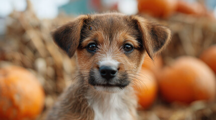 Wire-haired terrier puppy among orange pumpkins for autumn harvest celebration