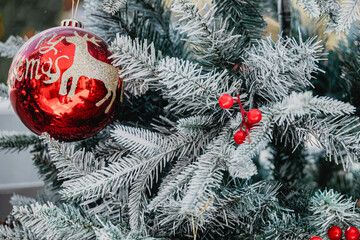 Elegant Christmas Tree, Christmas gift decoration white snow for background postcard.