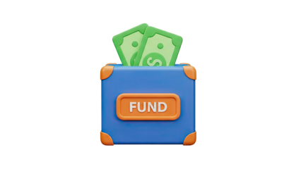 3D Blue Fund Box with Money on transparent background
