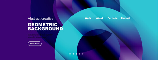 Abstract website mockup. Vibrant geometric shapes, purple hues dominate design. Navigation includes work, about, portfolio, contact.