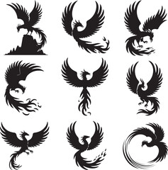Obraz premium Nine stylized phoenix and dragon silhouettes in various poses